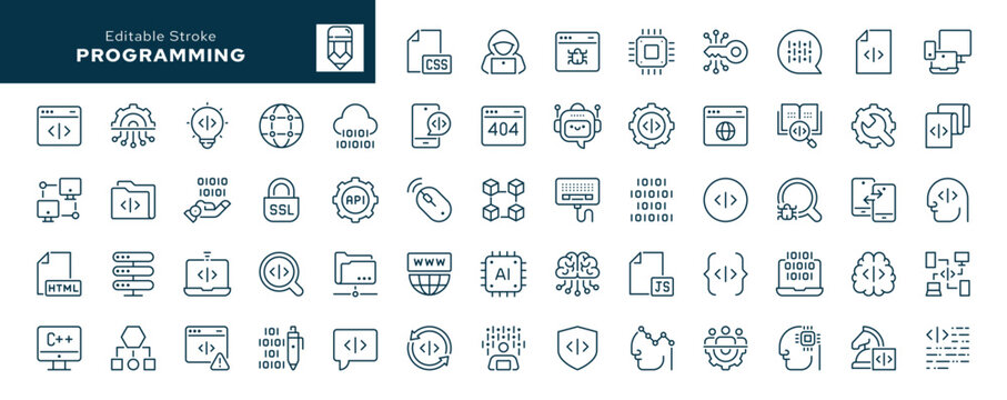 Programming and coding. Set of outline icons. Computer program, information technology, code, data, artificial intelligence, digital and more. Line icon in linear style. Vector collection	
