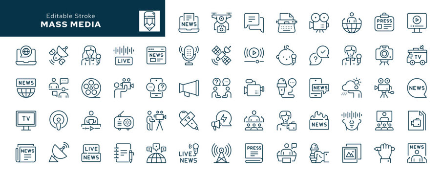 Mass media and journalism. Set of outline icons. TV show, program, news, report, video and interview and more. Line icon in linear style. Vector collection	