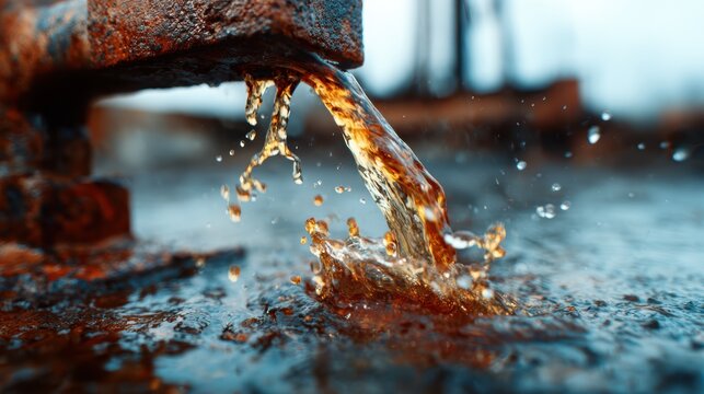 The flowing water from an old, rusty pipe creates a picturesque scene, capturing the beauty and simplicity of nature while highlighting the refreshing clarity of the water.