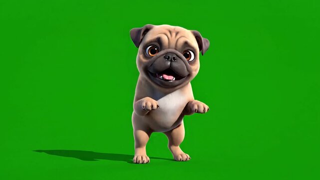 Cute pug dog cartoon character on green background 4k Video