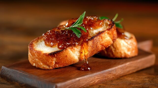 A close-up shot of toasted bread slice topped with golden jam and a sprig of fresh herbs, highlighting the textures and flavors of this delicious snack.