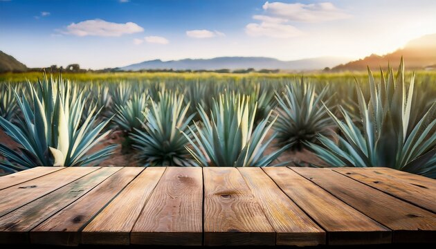 Wooden Rustic Empty Table For Placing Products Against The Background Of A Field With Agave Plants For The Production Of Tequila