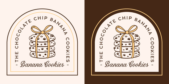 Banana bread chocolate chip cookies flavor label healthy homemade vegan sugar gluten free sticker logo design. Soft cookie stack with yellow bow drawing retro vintage aesthetic bakery packaging print.