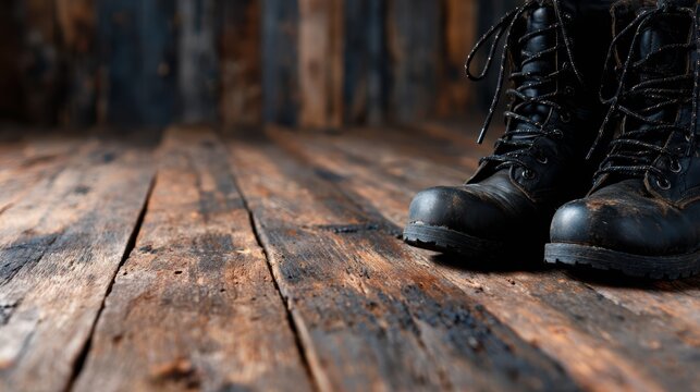 A pair of robust black boots standing firmly on a weathered wooden floor signifies strength, resilience, and a journey taken amidst the charm of rustic surroundings.