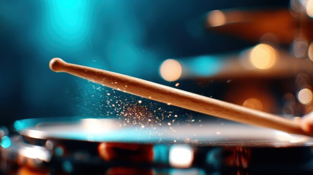 An energetic close-up of a drumstick making contact with a snare drum, emphasizing the excitement of live music and the artistry of percussion instruments.