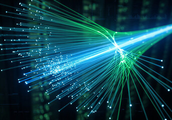 Obraz premium Fiber optic network with glowing lines and data transmission representing high-speed connectivity