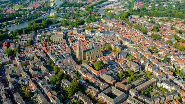Aerial view beside the old town of the city Gorinchem in the Netherlands on a sunny afternoon in summer