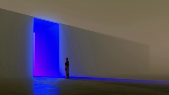 Man standing near glowing doorway casting long shadow in abstract space. Concept of virtual systems, digital transformation, immersive environments, access points and future driven technology spaces.