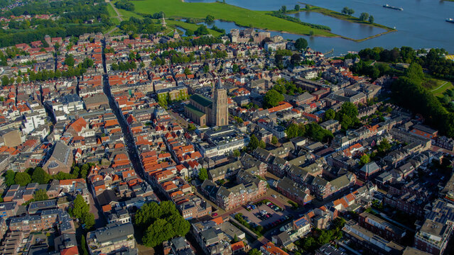Aerial view beside the old town of the city Gorinchem in the Netherlands on a sunny afternoon in summer