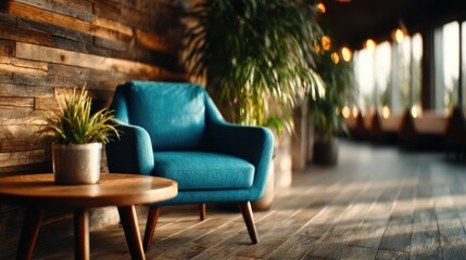 Obraz premium A stylish blue armchair paired with decorative plants in a cozy interior, creating a tranquil atmosphere perfect for relaxation, comfort, and inviting aesthetics in design.