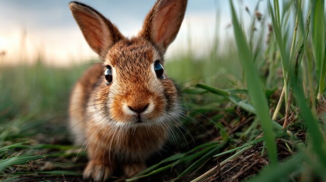 A close-up of a curious rabbit perched amidst vibrant green grass, showcasing its inquisitive nature and the beauty of wildlife in the natural environment.