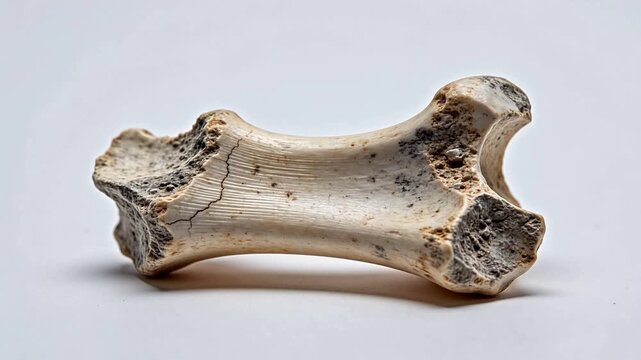 Ancient bone fragment on white background