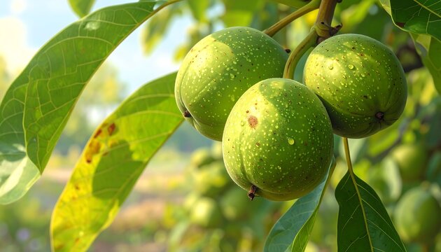 Close-up of three verdant fruit with water droplets, clinging to a leafy branch, bathed in soft sunlight