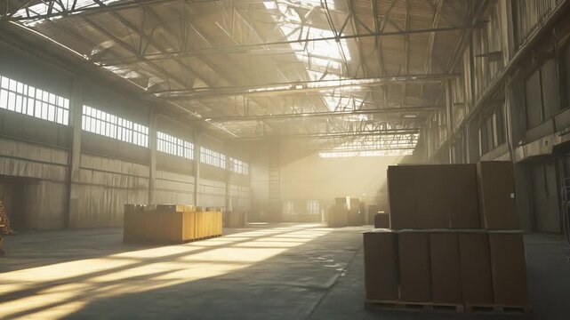 Large industrial warehouse interior with stacked pallets and boxes on concrete floor, sunbeams streaming through high windows and skylights, empty, dusty, spacious atmosphere