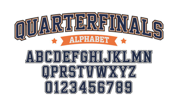 Quarterfinals Alphabet Vector Set with Collegiate Sports Font for Varsity Tournament Apparel Design