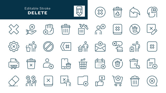 Delete. Set of outline icons. Erase, trash can, remove, wrong, bin, cross, button, basket, cancel, undo, throw, refuse and more. Line icon in linear style. Vector collection	

