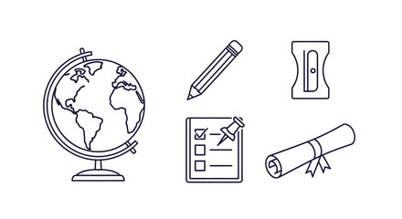Naklejka premium Education and School Line Icons Set Featuring Globe, Pencil, Sharpener, Checklist, and Diploma Scroll