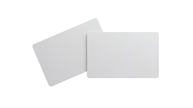 Sleek blank white plastic cards with rounded edges poised gracefully on a stark white backdrop for pristine design