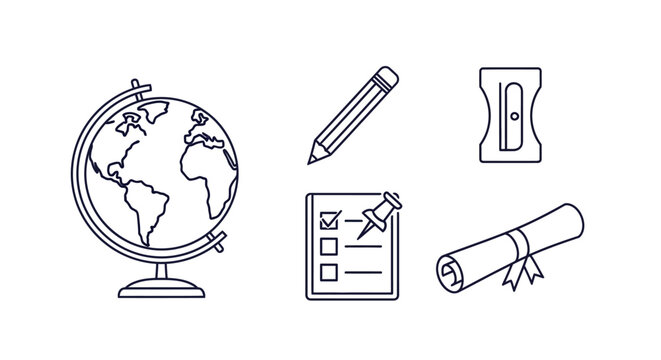 Education and School Line Icons Set Featuring Globe, Pencil, Sharpener, Checklist, and Diploma Scroll