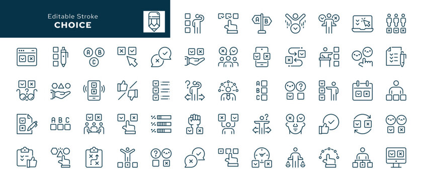 Choice. Set of outline icons. Pick, selection, option, checkmark, cross, decision, choose, survey, vote, election, opinion and more. Line icon in linear style. Vector collection