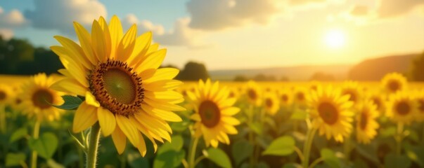 Obraz premium Vibrant sunflowers bask in summer sun, golden field , peaceful, sunflowers