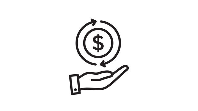 Dollar coin icon with circular arrows and hand, representing financial exchange or payment featuring money, cash, currency with finance and