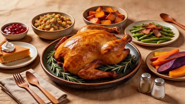 Roasted turkey with side dishes on table