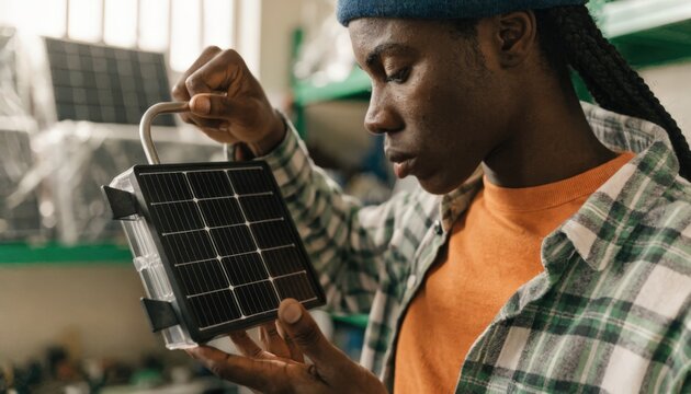 Closeup of a small business owner examining a solar panel kit with the background softly blurred highlighting commitment to ecofriendly microleases.