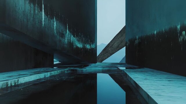 Brutalist architecture featuring geometric concrete blocks with textured surfaces reflecting calm water pools, creating an abstract and serene, yet stark, atmosphere
