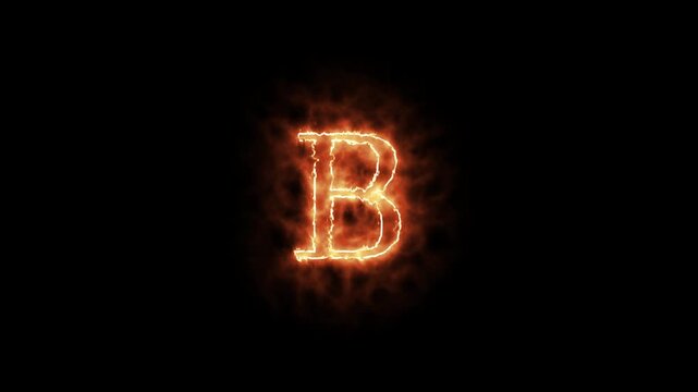 Fiery letter B appearing with glowing effect and burning fiery animation on black background. Glowing neon B letter text animation.