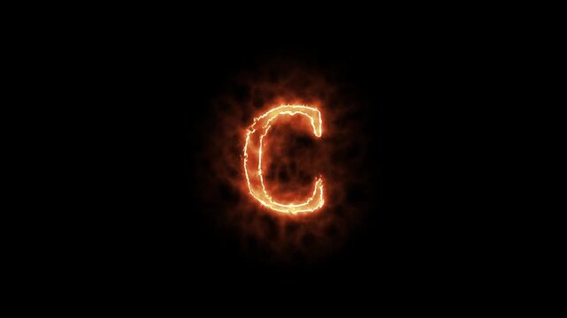 Fiery letter C appearing with glowing effect and burning fiery animation on black background. Glowing neon C letter text animation.