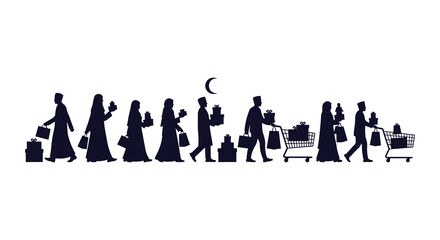 A line of shoppers with gifts and carts against a crescent moon a striking silhouette © njhasan