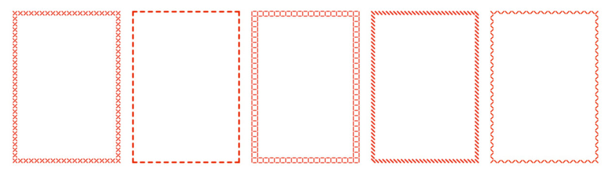 Rectangle frames of sewing stitches isolated on white. Blank border set of different types of thread seam, straight, cross, zigzag. Vector clipart for advertising or label of hand-sewn.