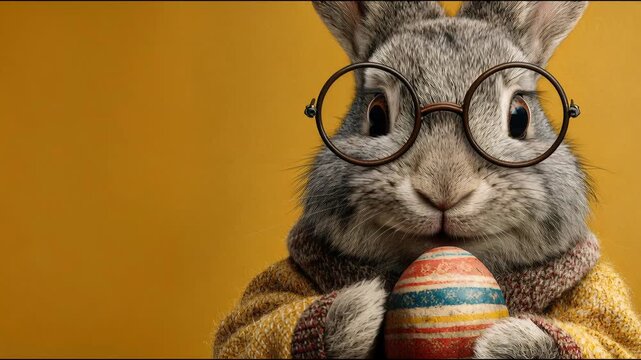 Rabbit wearing glasses holding a decorated Easter egg. Cute animal celebrating holiday. Seasonal tradition and festive concept for greeting card design composition.