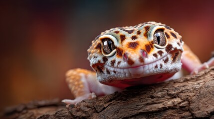 Obraz premium A vibrant close-up of a smiling gecko lizard peering from a natural wooden surface, showcasing its unique colors and delightful personality in a stunning photograph.