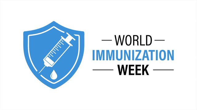 Minimal blue medical 4K animation presenting World Immunization Week with vaccine syringe, protective shield, and worldwide health awareness concept.