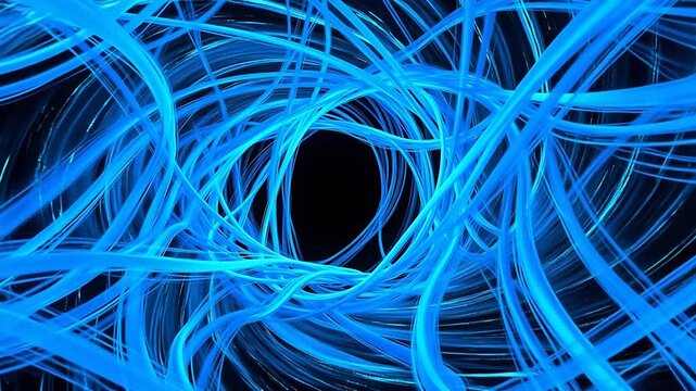 Blue fiber optic strands in tunnel
