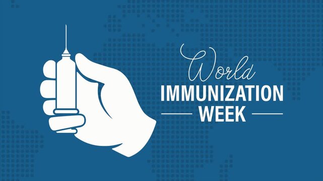 Minimal blue medical 4K animation presenting World Immunization Week with vaccine syringe, protective shield, and worldwide health awareness concept.