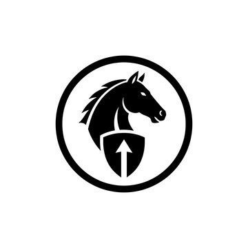 black horse head logo with shield and arrow
