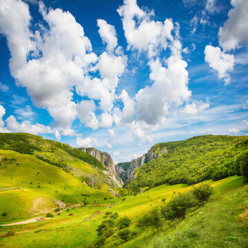 Captivating view of Turda Gorge (Cheile Turzii) natural reserve with marked trails for hikes on Hasdate river.