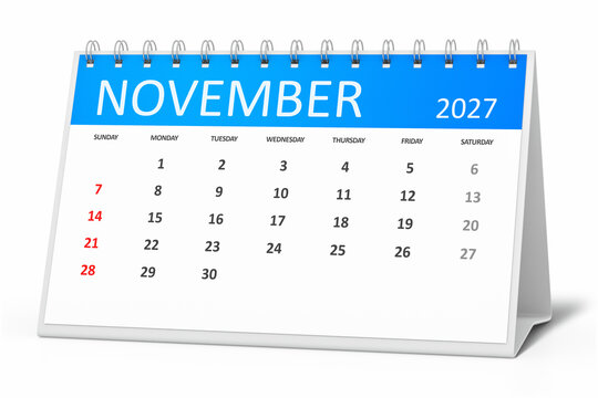 table calendar 2027 november isolated on transparent background