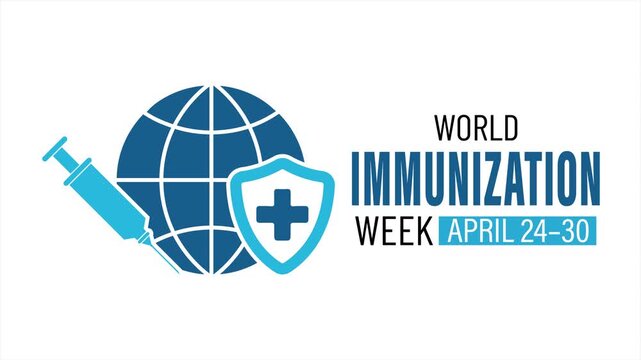 Minimal blue medical 4K animation presenting World Immunization Week with vaccine syringe, protective shield, and worldwide health awareness concept.