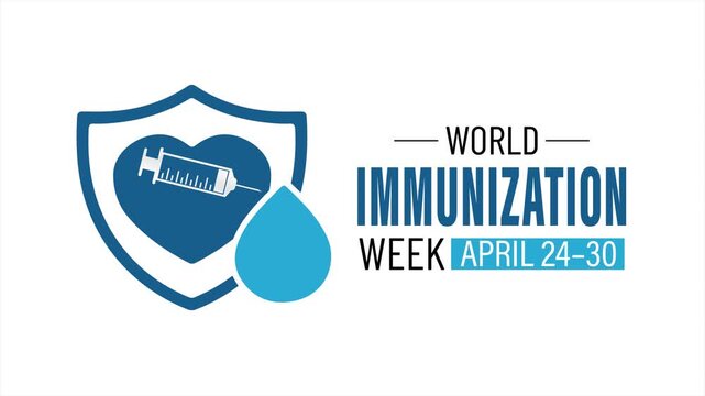 Minimal blue medical 4K animation presenting World Immunization Week with vaccine syringe, protective shield, and worldwide health awareness concept.