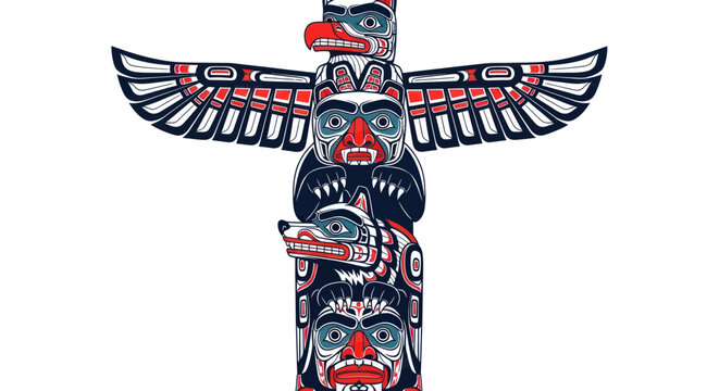 Colorful Totem Pole with Indigenous Animal Carvings on White Background