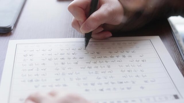 家のリビングでゆっくり写経をする女性の様子