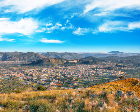 Remarkable morning cityscape of Bagheria town and national park Orientata Pizzo Cane.