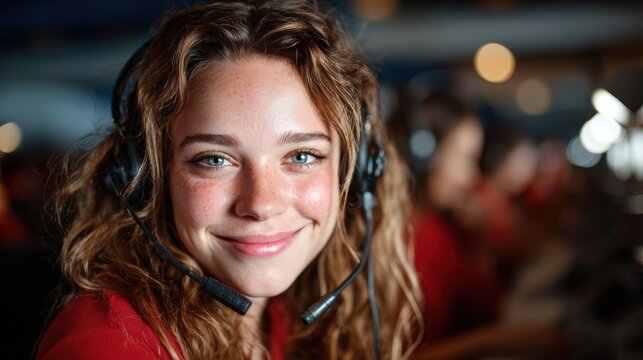 A cheerful young woman wearing a headset in a modern workspace, exuding positivity and professionalism, suited for themes of teamwork and collaboration in a dynamic environment.