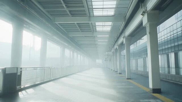 Empty train platform with a bright, minimal design and industrial architecture bathed in soft morning light, creating a serene and clean urban environment