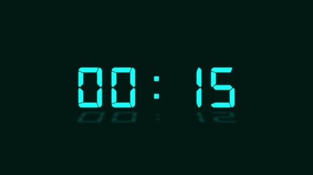 Countdown digital clock animation 20 second Countdown digital clock timer on a cyan background. Countdown from 20 seconds to 0 second with alpha channel.