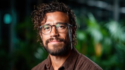Fototapeta premium A close-up portrait of a man with curly hair wearing glasses, exuding confidence and warmth in a softly blurred outdoor background filled with greenery and natural light.
